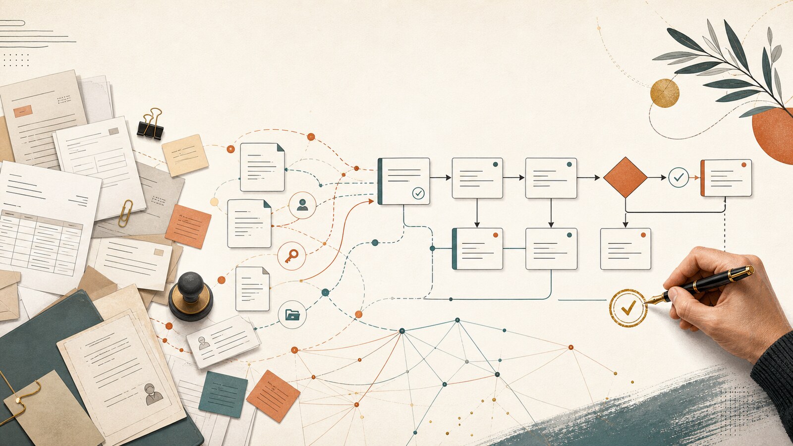 Illustration éditoriale Tamarin Flow : un bureau papier crème où des tâches, sources, droits d'accès et validations humaines sont organisés en carte de processus avant toute automatisation IA.